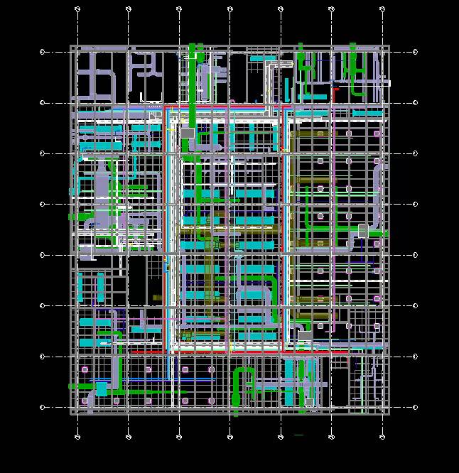 Coordinated BIM floor plan showing colour-coded HVAC, electrical, plumbing and structural systems