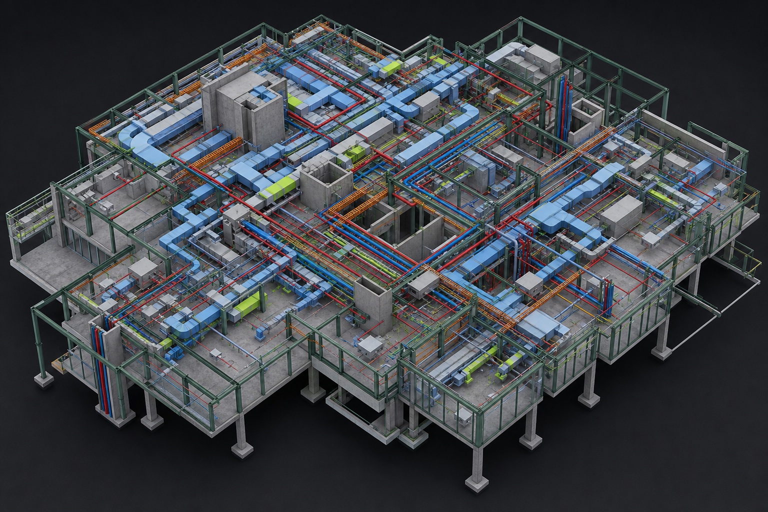 Illustrative federated BIM coordination model showing structural framing, HVAC ducts, pipework and cable trays