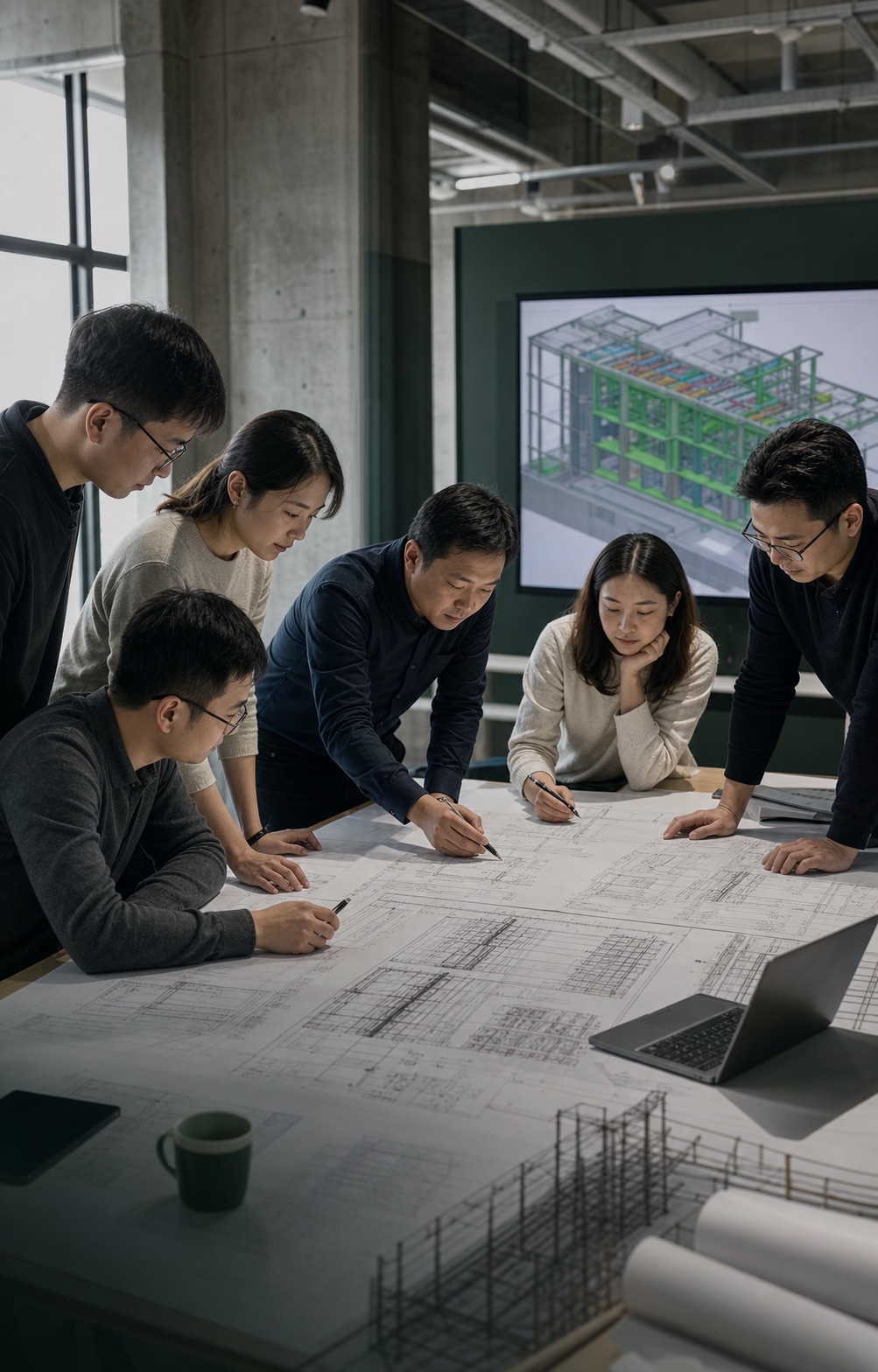 Illustrative image of a China-based multidisciplinary engineering team reviewing structural drawings and a BIM model